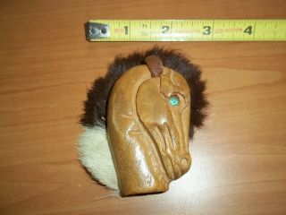 Vintage Carved Wooden Horse Head Figural Brooch / Pin,  Metal Clasp Real Fur