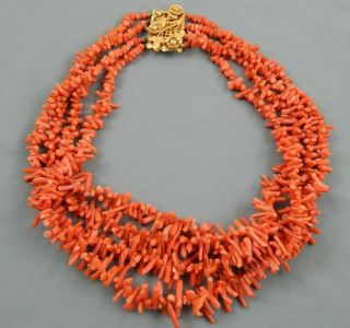 Vintage 4 Strand Natural Pink Salmon Branch Coral Necklace Fancy Clasp 16 "