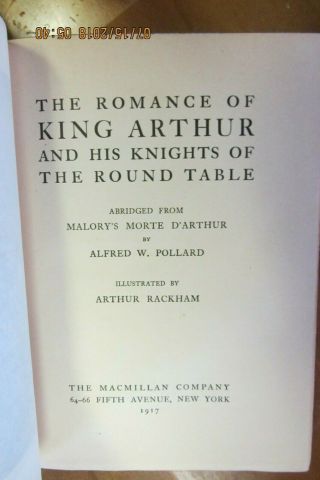 The Romance of King Arthur HC Arthur Rackham Malorys Morte D ' Arthur 1917 1st ed 4