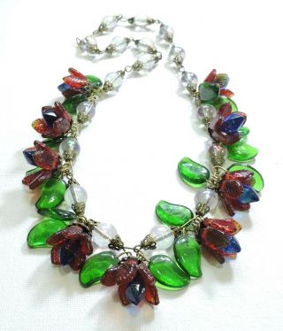 Vintage Red And Blue Flowers Lampwork Art Glass Bead Necklace Jl19156
