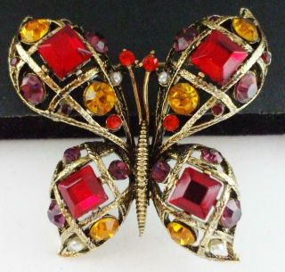 Pretty Vintage Lisner Rhinestone Butterfly Pin Brooch W/red Purple Amber Stones