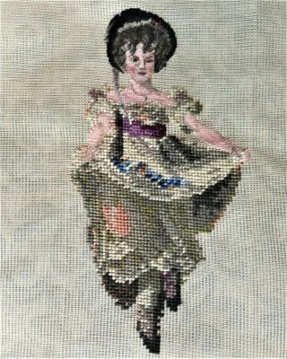 Victorian Girl Young Woman W/ Petit Point Vintage Preworked Needlepoint Canvas