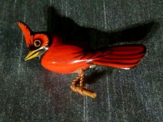 Vtg Takahashi / Hand Painted Wood Carved Cardinal Bird Pin Brooch Red & Orange