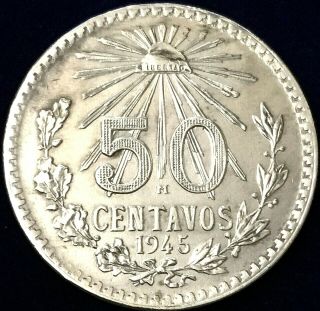 Vintage 1945 Mexico Silver Eagle 50 Centavos Coin AU 2