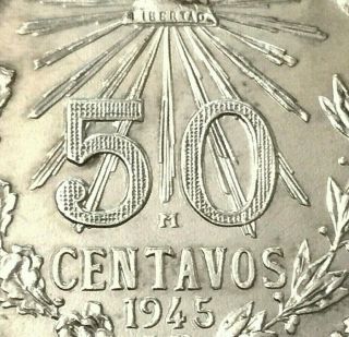 Vintage 1945 Mexico Silver Eagle 50 Centavos Coin AU 4