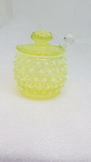 Vintage Fenton Hobnail Topaz/vaseline Opalescent Glass Mustard Jar W/lid & Spoon