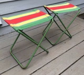 Set Of 2 Vintage Folding Stool Fishing Camp Chairs Green Metal Canvas Striped