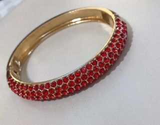 Vintage Bright Red Orange Rhinestone Gold Hinged Cuff Bracelet