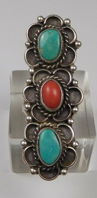 Vintage Native American Sterling Silver/ Turquoise & Coral Ring - Size 5