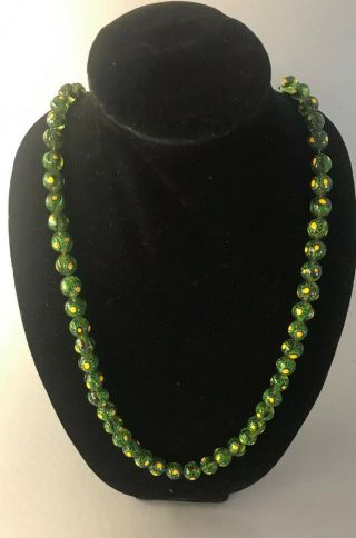 Vtg 31 - 1/2” Venetian Green & Yellow Millefiori Art Glass Bead Necklace Nr