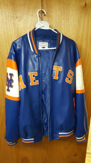 Vintage 90s Ny Mets Faux Leather/vinyl Jacket L Large G3 Sports Giii Blue