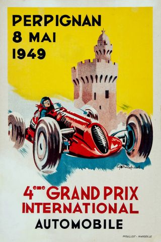 Vintage French Motor Racing Poster 1940s Perpignan Grand Prix Castle Car Print