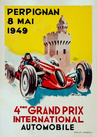 Vintage French Motor Racing Poster 1940s Perpignan Grand Prix Castle Car Print 4