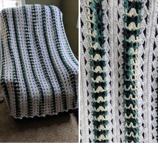 Vintage Handmade Afgan Crocheted Blanket Throw Cover Green White Yellow