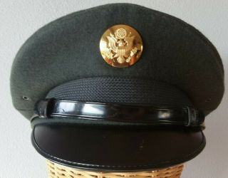 Vintage Us Army Military Dress Uniform Green Wool Hat Cap Gold Badge Bancraft