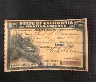 Vintage California Hunting License 1919