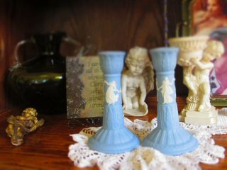 2 Vintage Wedgwood Light Blue Jasperware Dancing Hours Candle Stick Holders
