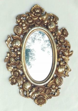 Vintage Syroco Wall Mirror Ornate Plastic Frame Pomegranate Berries Flowers 1966
