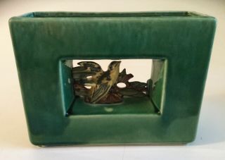 Vintage 1950s Mccoy Green Square Pottery Arcature Planter Vase With Yellow Bird