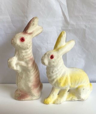 2 Vintage Easter Bunny Rabbits Paper Mache Pressed Cardboard Candy Container