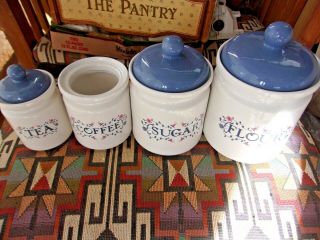 Set Of 4 Vintage Corelle Prinston By Jay Imports Flour,  Tea,  Sugar,  Coffee Canister