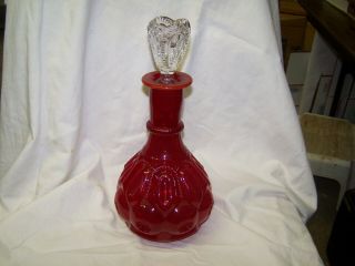 Vintage L.  G.  Wright Moon And Star Opaque Red Glass Decanter With Clear Stopper