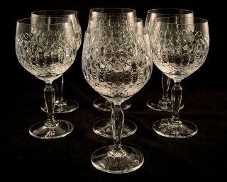 Set Of 7 Vintage 12 Oz.  Cut Crystal Balloon Wine Goblets - Crisscross Design