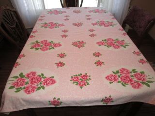 Vintage Printed Tablecloth With Roses,  Pink Swirls,  Cutter?