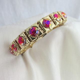 Vintage Bright Pink AB Rhinestones Bangle Bracelet Gold Plate Big Bold Statement 2
