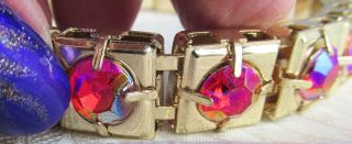 Vintage Bright Pink AB Rhinestones Bangle Bracelet Gold Plate Big Bold Statement 4