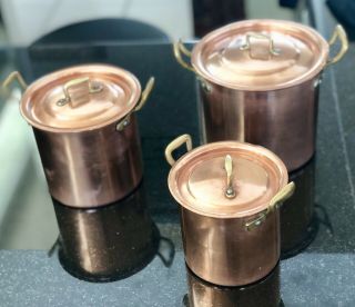 Set Of 3 Vintage Jenzo Italy Copper W Brass Handles Lidded Kitchen Nesting Pots