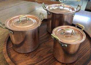 Set Of 3 Vintage Jenzo Italy Copper w Brass Handles Lidded Kitchen Nesting Pots 3