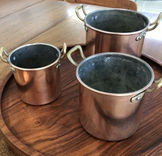 Set Of 3 Vintage Jenzo Italy Copper w Brass Handles Lidded Kitchen Nesting Pots 5