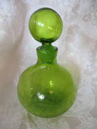 Vintage Blenko Green Crackle Glass Decanter With Stopper