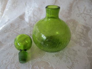 Vintage Blenko Green Crackle Glass Decanter with Stopper 3