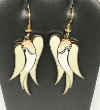 Vintage Laurel Burch " Tamara " Gold Tone Enamel Dove Bird Dangle Hook Earrings