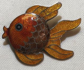 Vintage Orange Yellow Enamel Mexican Signed Sterling Fish Pendant Brooch