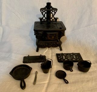 Vintage Crescent Cast Iron Mini Toy Stove With Accessories