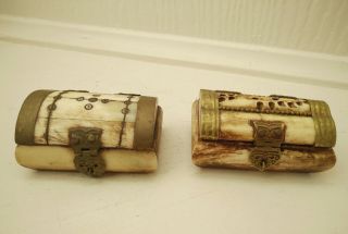 Small Vintage Handmade Trinket Boxes Made Of Animal Bone & Brass