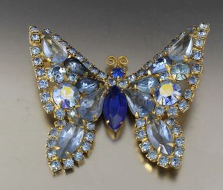 Vintage 50’s Blue Crystal Glass Rhinestone Butterfly Brooch Pin Signed Weiss