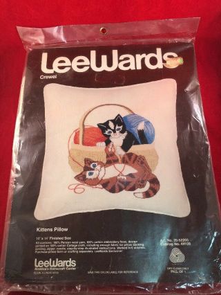 Vintage Lee Wards Crewel Pillow Kit Kittens 14 " X 14 " Nib Blue Brown Black