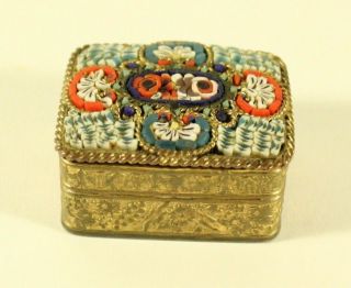 Vintage Italian Micro Mosaic Pill Trinket Box Floral Blue Red White Gold Design