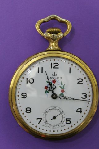 Vintage Floral Baylor Co.  17j Swiss Handwind Gold Tone Pocket Watch Fly Fisher