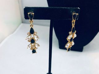 Vtg.  Trifari Tm Black & Clear Rhinestone Gold Tone Dangle Pierced Earrings