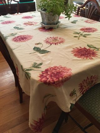 Vintage Tablecloth Cotton Tan With Large Red Flowers 74”l X 60”w