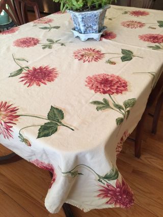 Vintage Tablecloth Cotton Tan With Large Red Flowers 74”L x 60”W 5