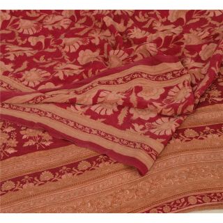 Sanskriti Vintage Dark Red Saree Pure Crepe Silk Printed Fabric 5 Yd Craft Sari