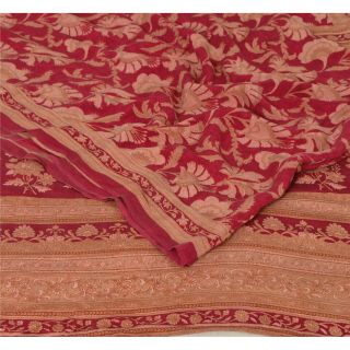Sanskriti Vintage Dark Red Saree Pure Crepe Silk Printed Fabric 5 Yd Craft Sari 2