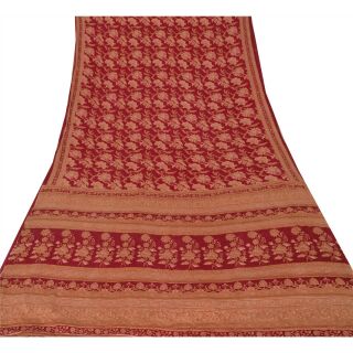 Sanskriti Vintage Dark Red Saree Pure Crepe Silk Printed Fabric 5 Yd Craft Sari 3
