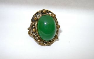 Vintage Czechoslovakia Jade Green Glass Filigree Rope Twist Adjustable Ring